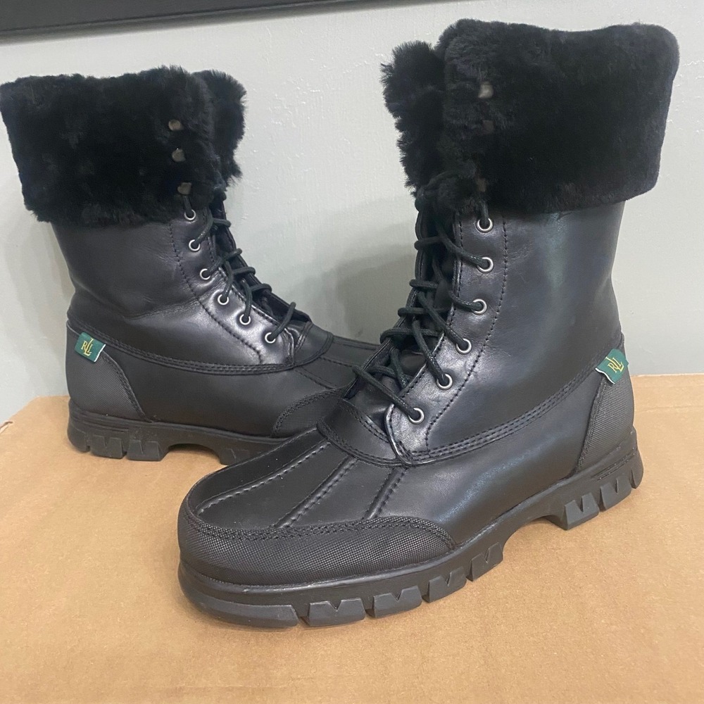 Lauren Ralph Lauren Quinta Black Leather Shearling Fur Duck Boots‎ Womens 8.5 B